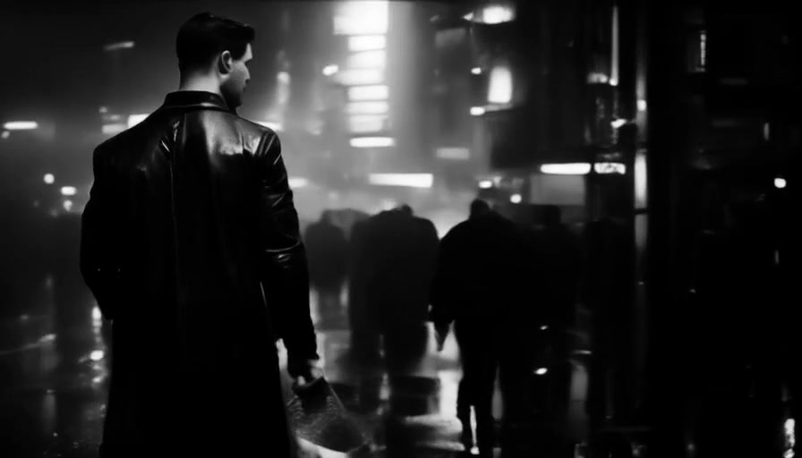 Black-and-white night scene with a figure seen from behind and pedestrians on a wet city street