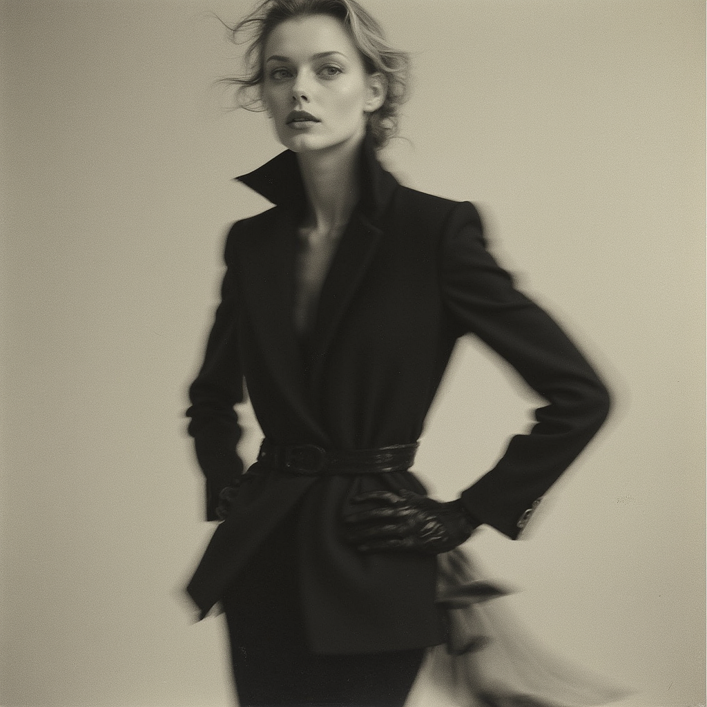 Soft-focus portrait of a woman in a belted black jacket and gloves